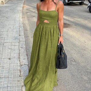 Cotton Sleeveless Pockets Cutout Long Dress - Commense